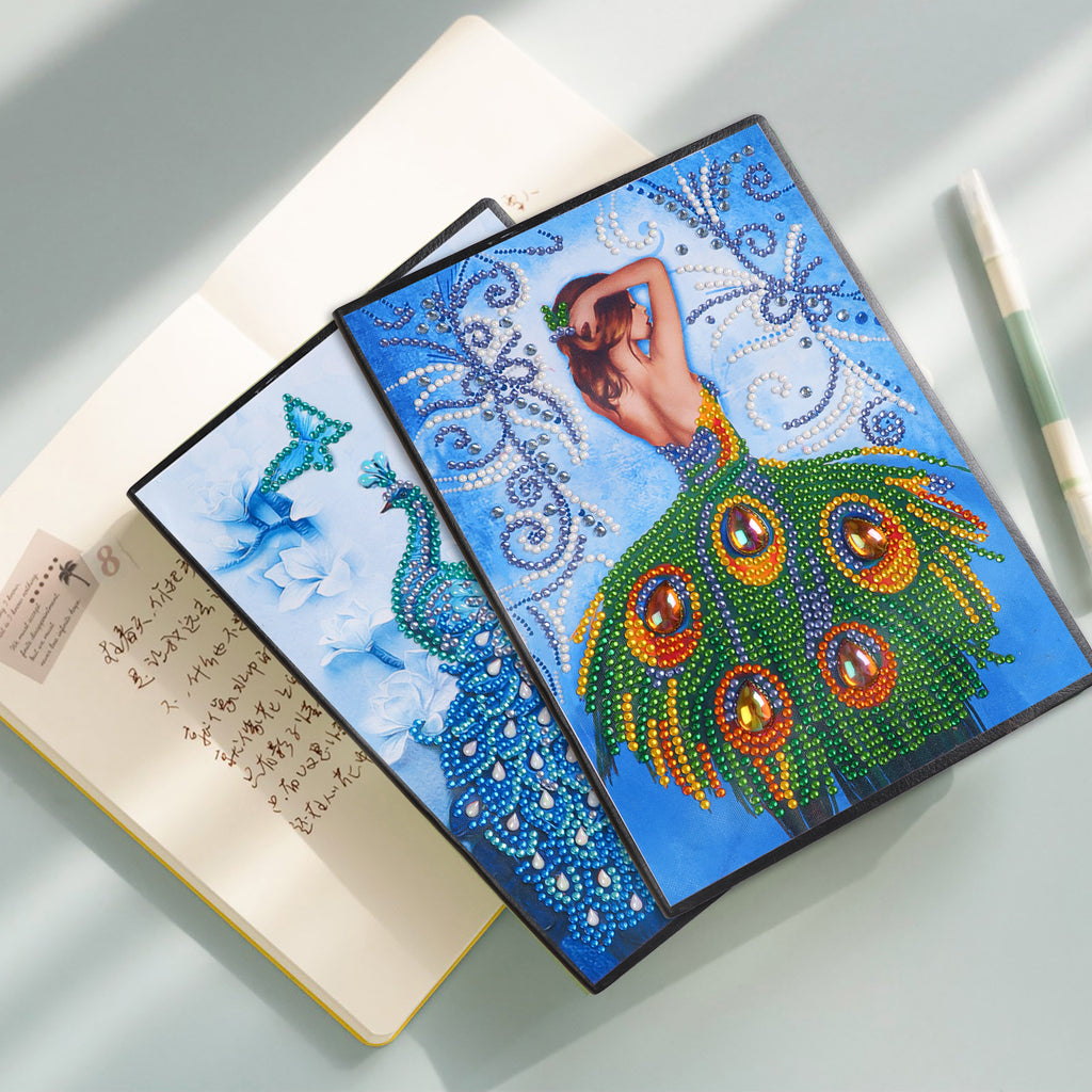 DIY Diamond Painting Notebook - Peacock and girl (No lines)