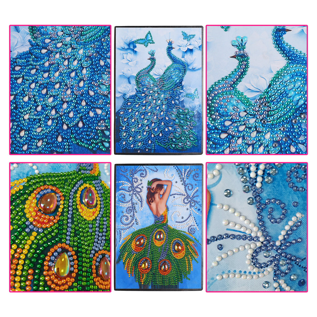 DIY Diamond Painting Notebook - Peacock and girl (No lines)
