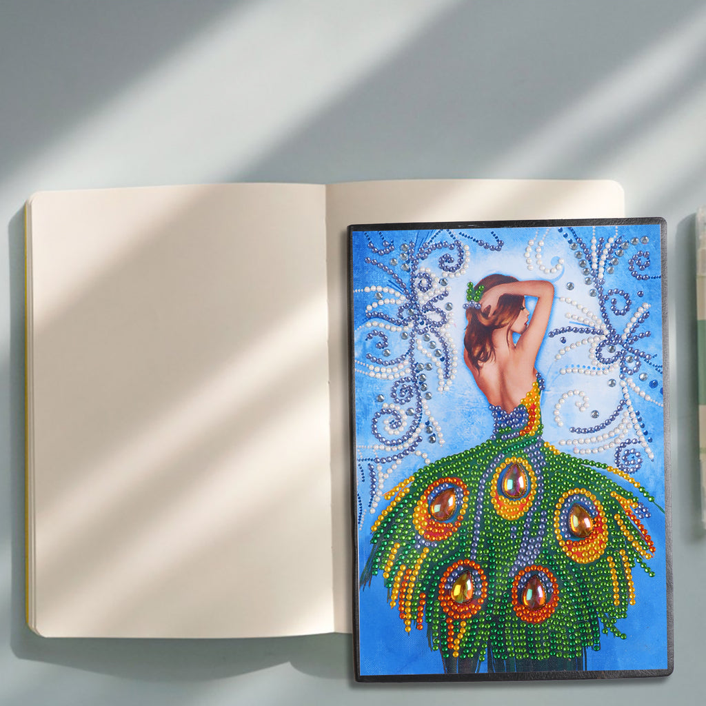 DIY Diamond Painting Notebook - Peacock and girl (No lines)