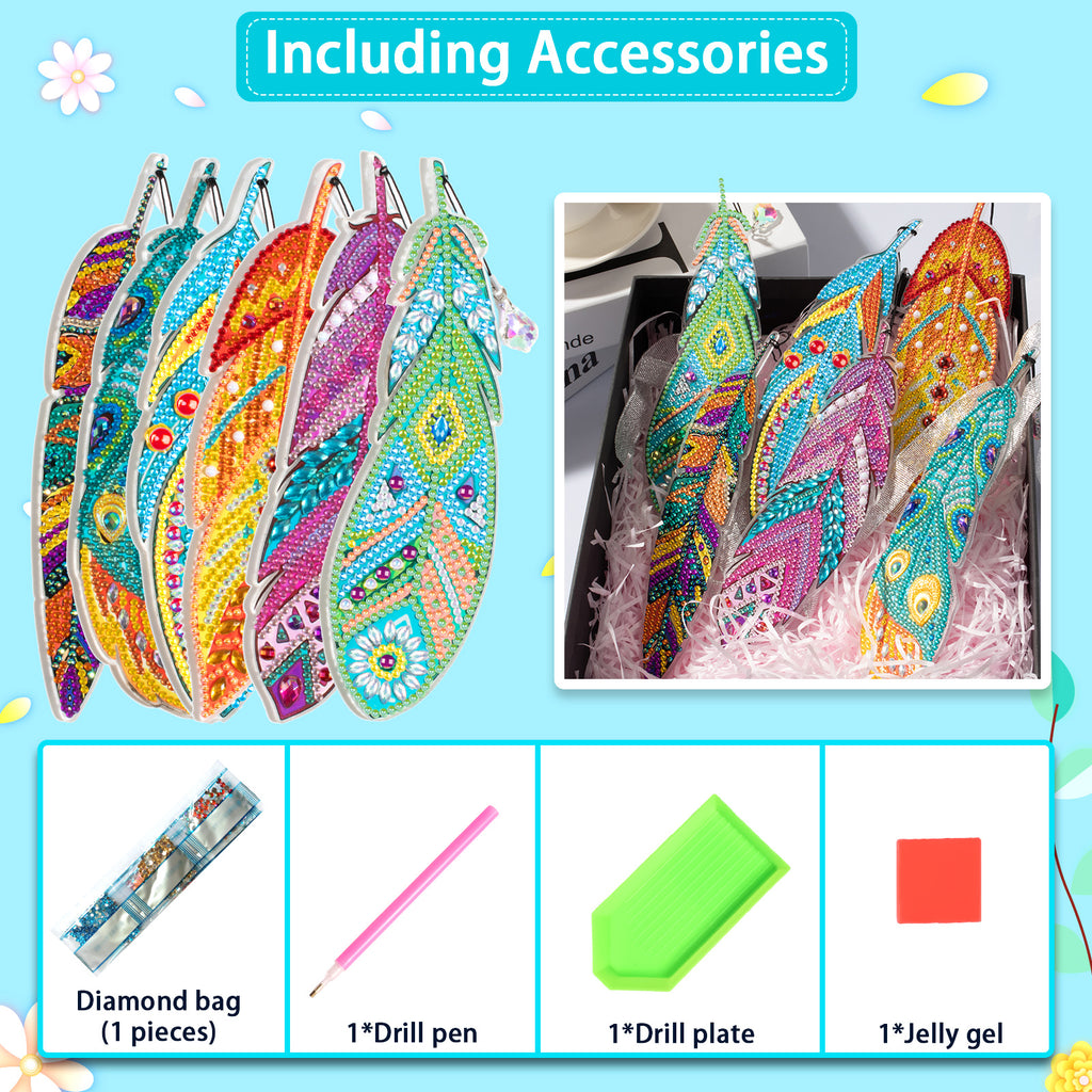 6 Pcs DIY Feather Diamond Painting Bookmark