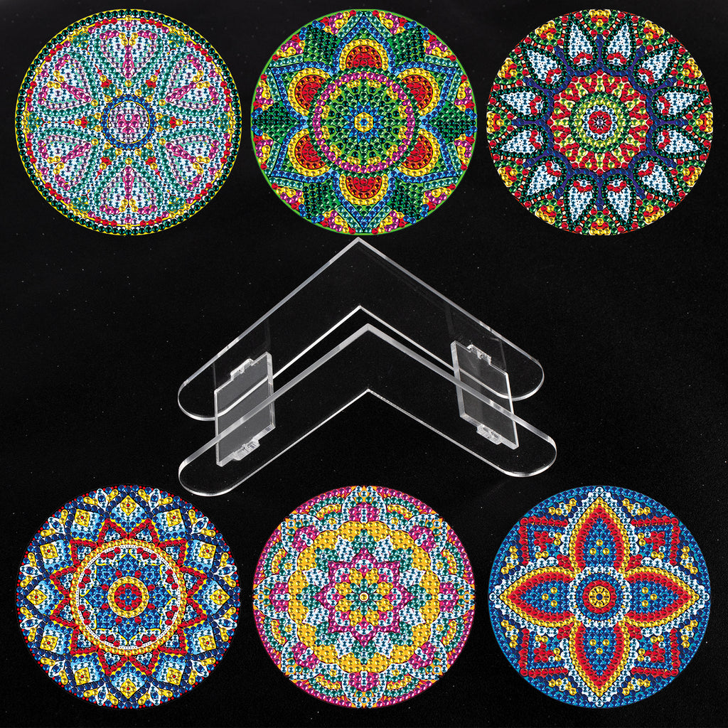 6 Pcs Diamond Painting Mandala Coasters with Holder