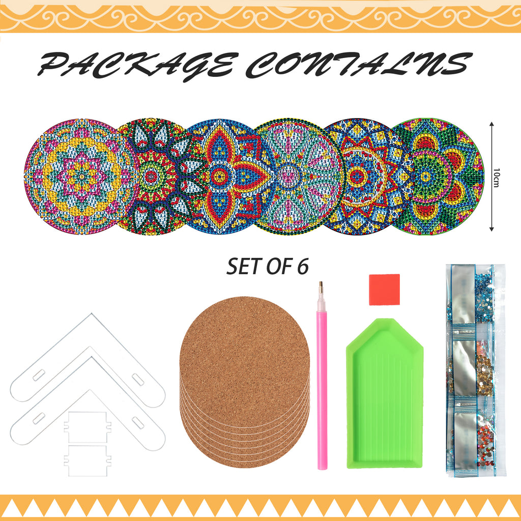 6 Pcs Diamond Painting Mandala Coasters with Holder