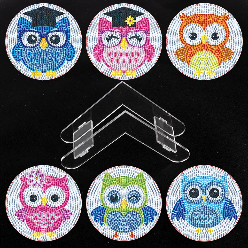 6 Pcs Owls Diamond Painting Coasters with Holder