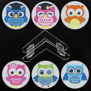 6 Pcs Owls Diamond Painting Coasters with Holder