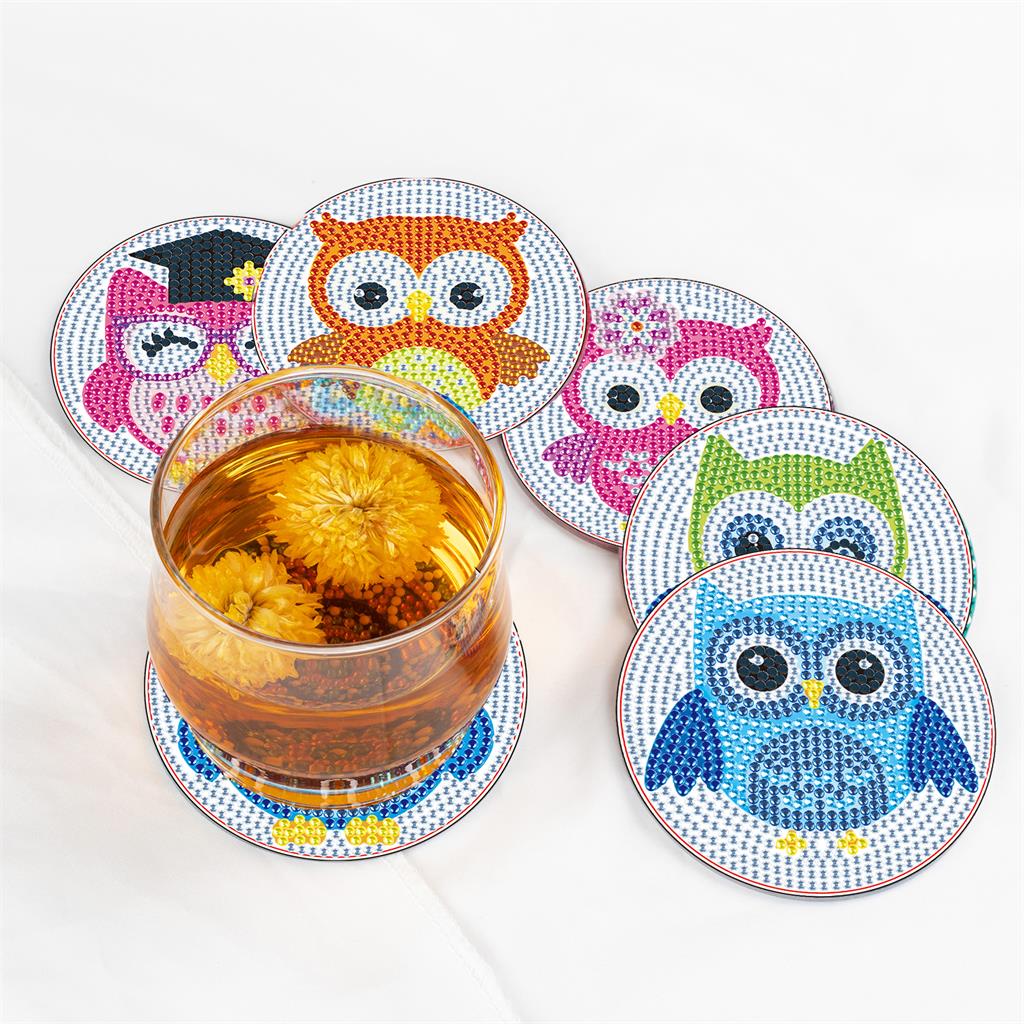 6 Pcs Owls Diamond Painting Coasters with Holder