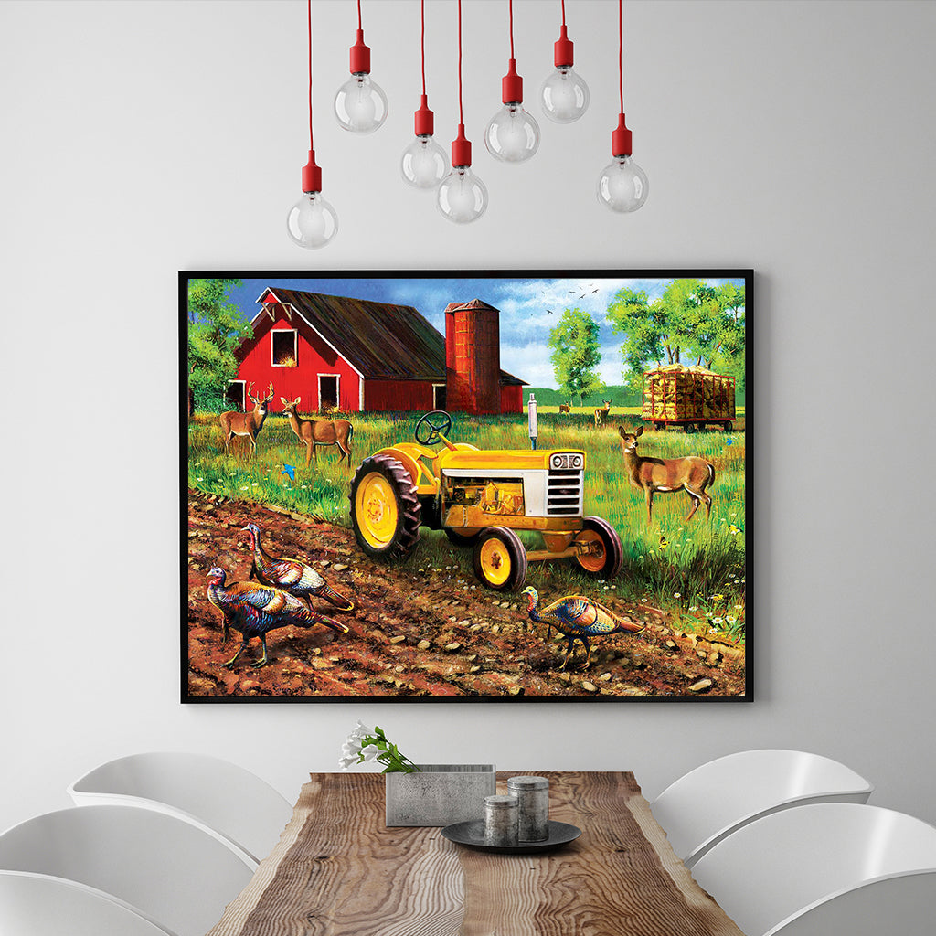 Full Diamond Painting kit - Peacocks and deers on the farm with yellow tractor