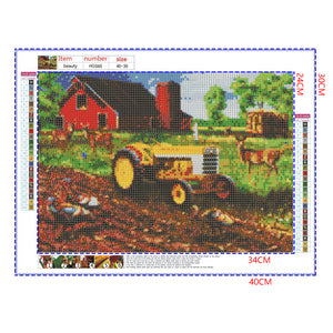 Full Diamond Painting kit - Peacocks and deers on the farm with yellow tractor