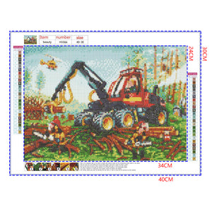 Full Diamond Painting kit - Excavator and workers in cutting trees