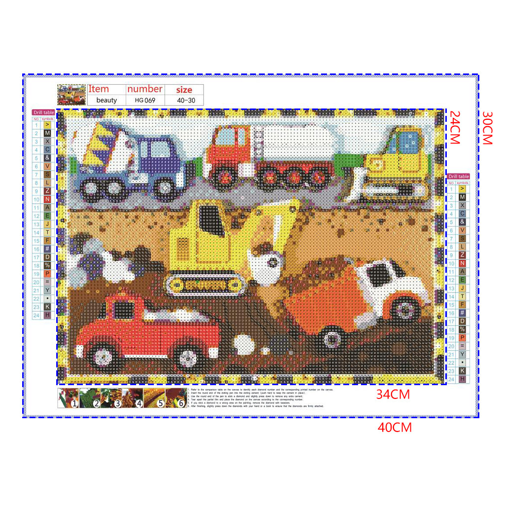 Full Diamond Painting kit - Road-building trucks and excavators