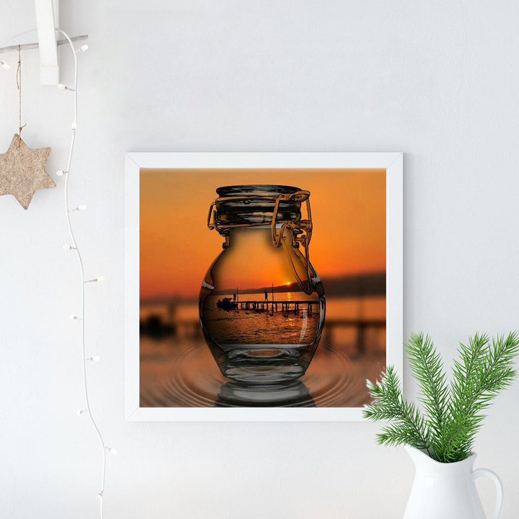 Full Diamond Painting kit - Reflection of the sunrise in a glass bottle