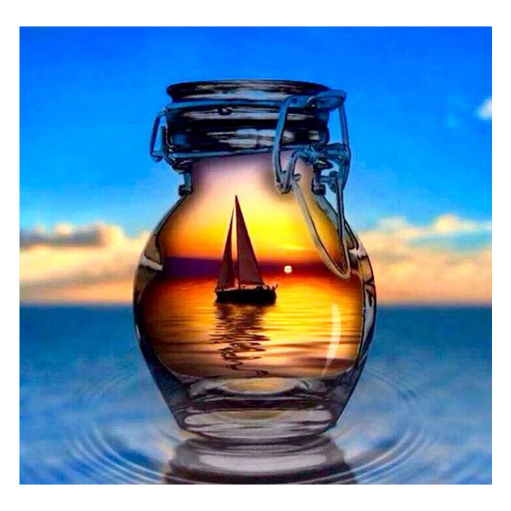 Full Diamond Painting kit - Reflection of the sailboat in a glass bottle