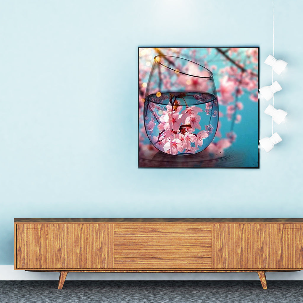 Full Diamond Painting kit - The reflection of the peach blossom in the glass