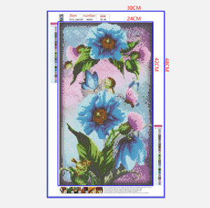 Full Diamond Painting kit - Blue flowers and green leaves