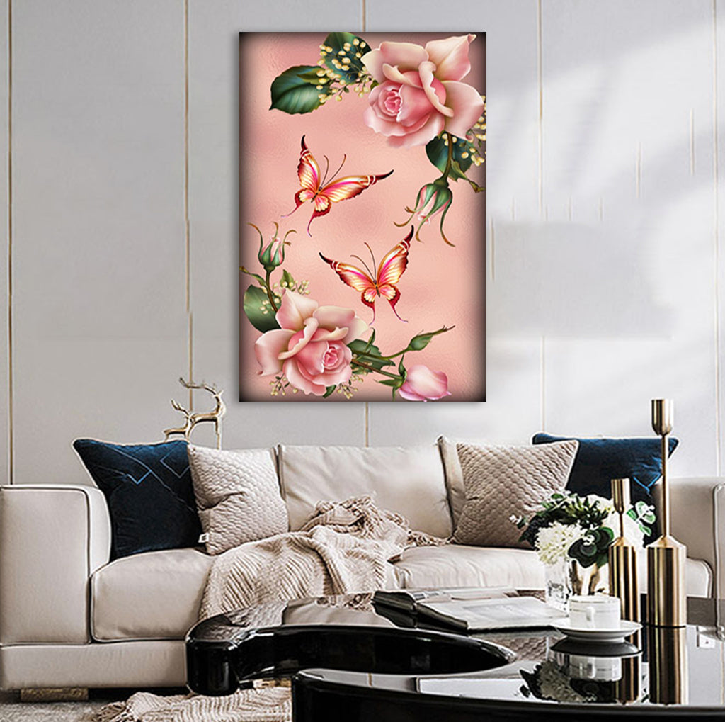 Full Diamond Painting kit - Pink roses and butterflies