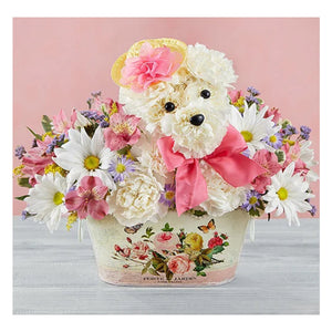 Full Diamond Painting kit - White rose dog on flower basket