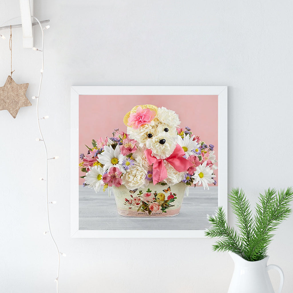 Full Diamond Painting kit - White rose dog on flower basket
