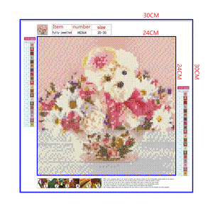Full Diamond Painting kit - White rose dog on flower basket