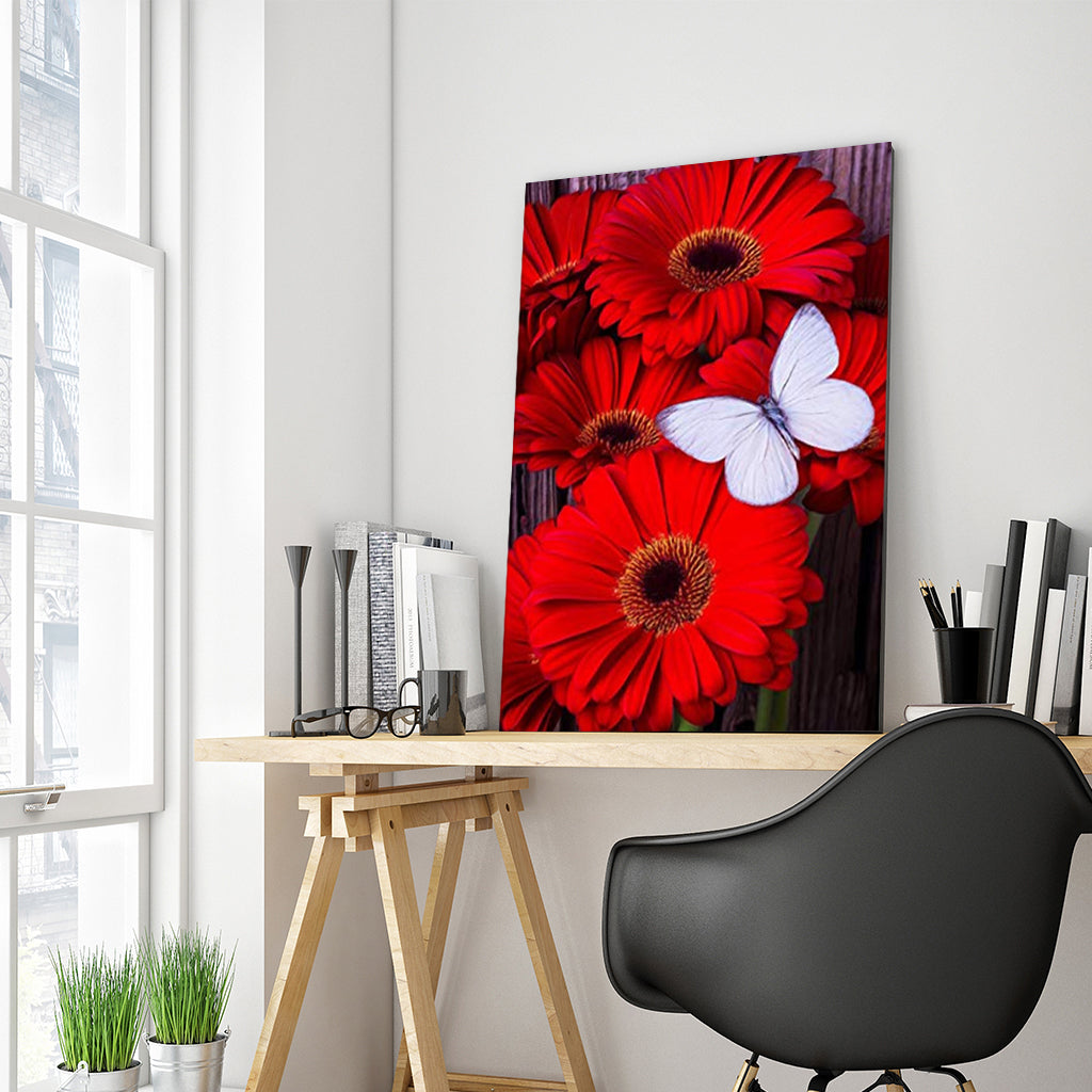 Full Diamond Painting kit - Red Flower and White Butterfly