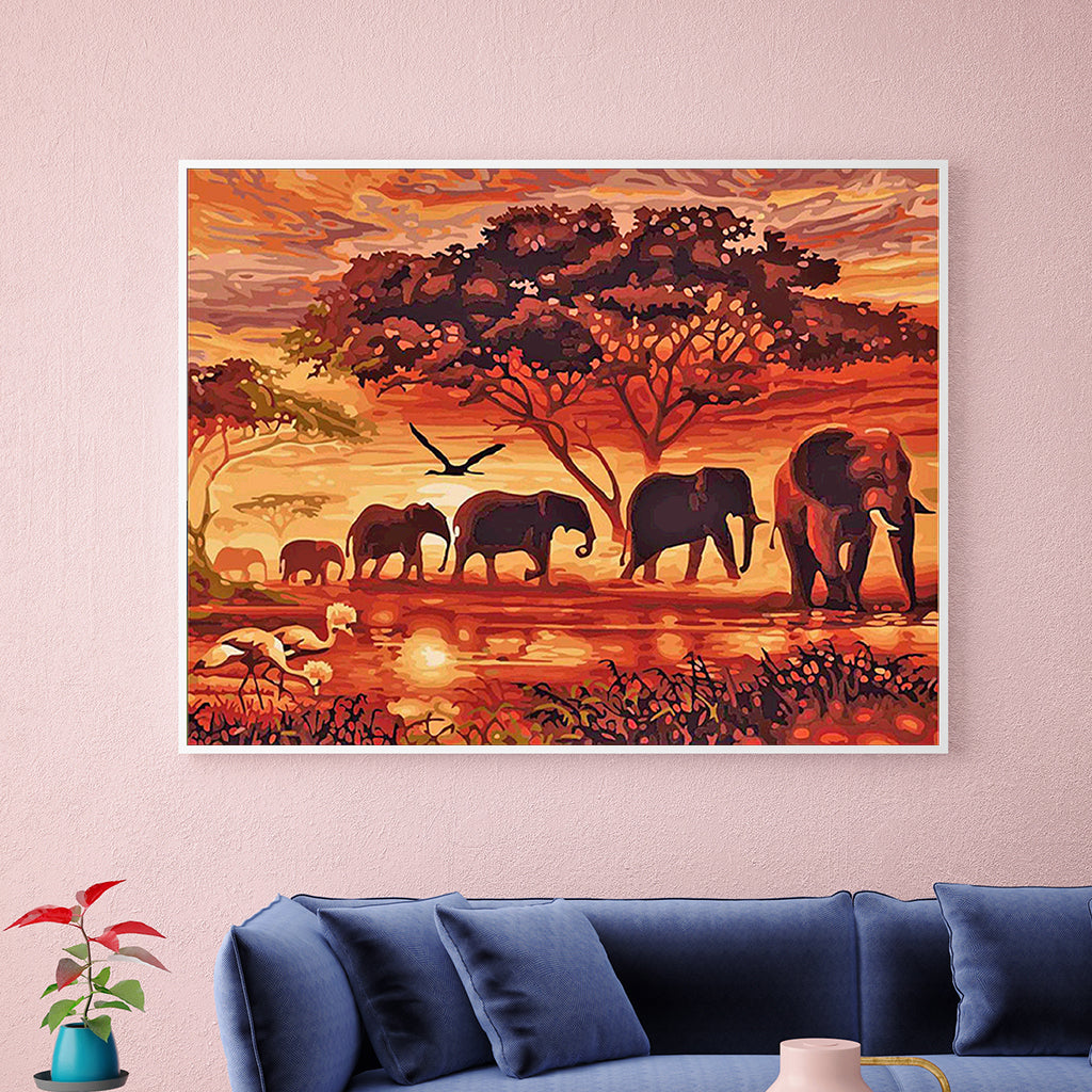 Full Diamond Painting kit - Elephants at sunset