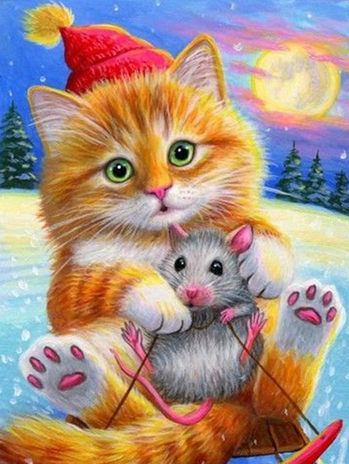 Full Diamond Painting kit - Cat and mouse merry christmas