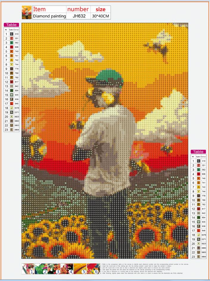 Full Diamond Painting kit - A man looking at bees and sunflowers