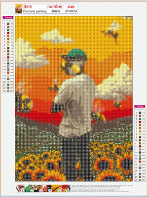 Full Diamond Painting kit - A man looking at bees and sunflowers