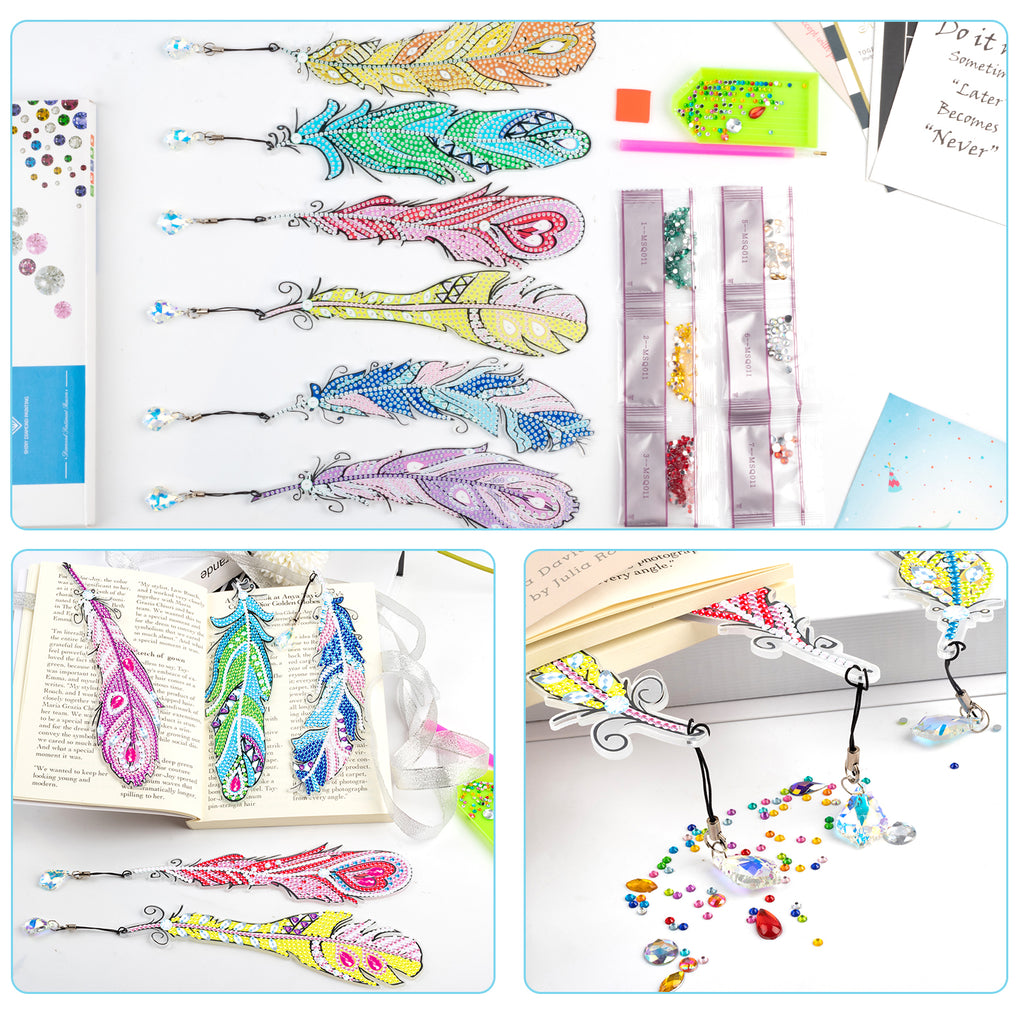 6 Pcs DIY Feather Diamond Painting Bookmark