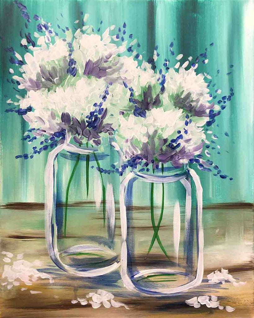 Full Diamond Painting kit - White flowers on glass bottle