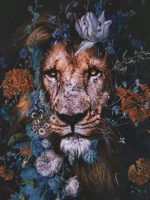 Full Diamond Painting kit - Lion on the flowers