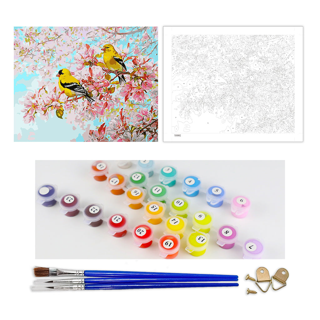 DIY Painting by number kit | Yellow warblers on the flower tree