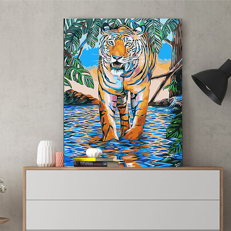 DIY Painting by number kit | Tiger walking in shallow water