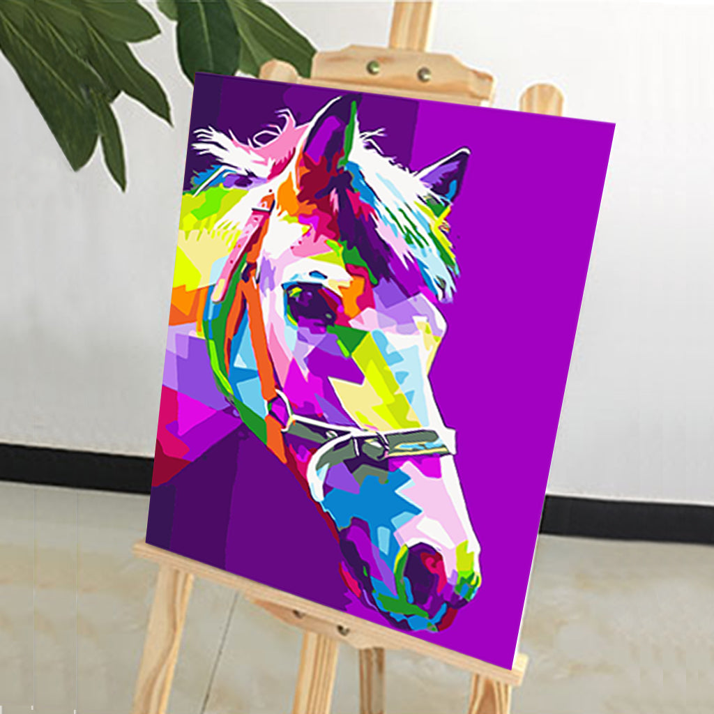 DIY Painting by number kit | Watercolor horse head on purple background