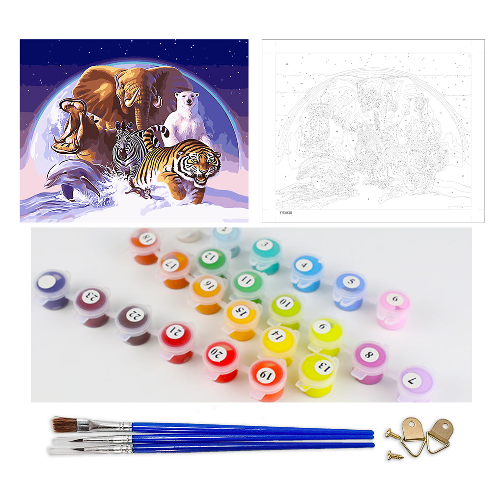DIY Painting by number kit | Tiger, zebra, rhino, elephant, dolphin and white bear