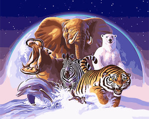 DIY Painting by number kit | Tiger, zebra, rhino, elephant, dolphin and white bear