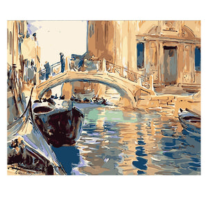 DIY Painting by number kit | Boats on the river under the bridge
