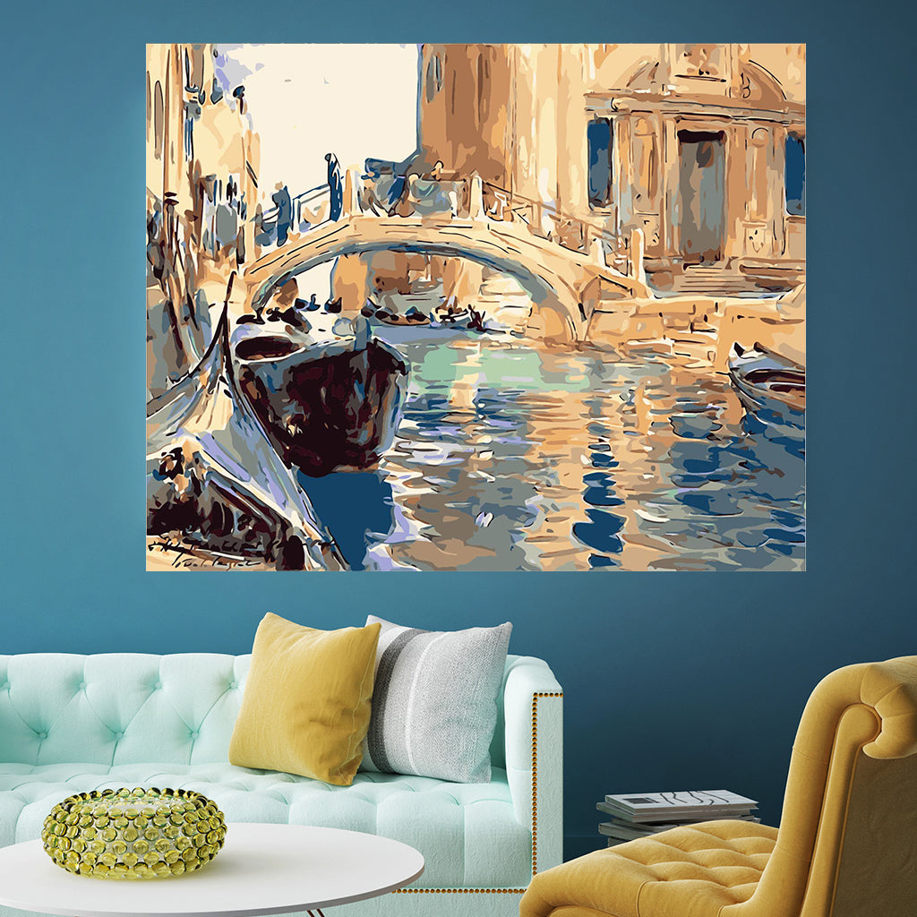 DIY Painting by number kit | Boats on the river under the bridge