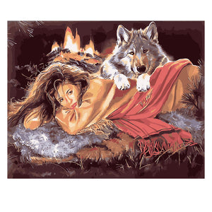 DIY Painting by number kit | Beautiful woman and wolf