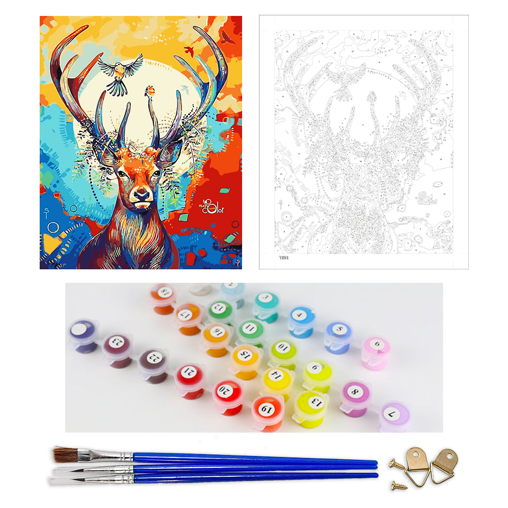 DIY Painting by number kit | Sika deer with birds on antlers
