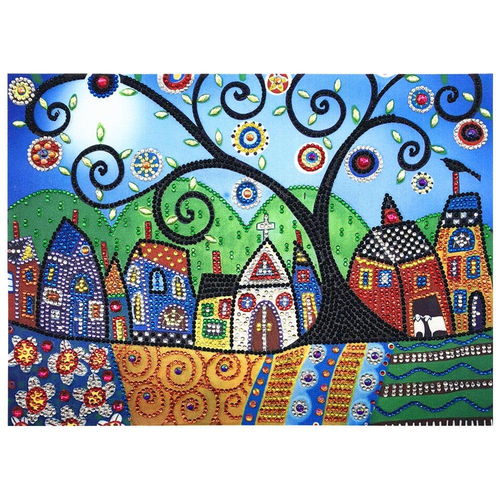 Crystal Rhinestone Diamond Painting Kit - Little houses under the big tree - Hibah-Diamond painting art studio