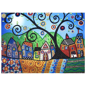 Crystal Rhinestone Diamond Painting Kit - Little houses under the big tree - Hibah-Diamond painting art studio