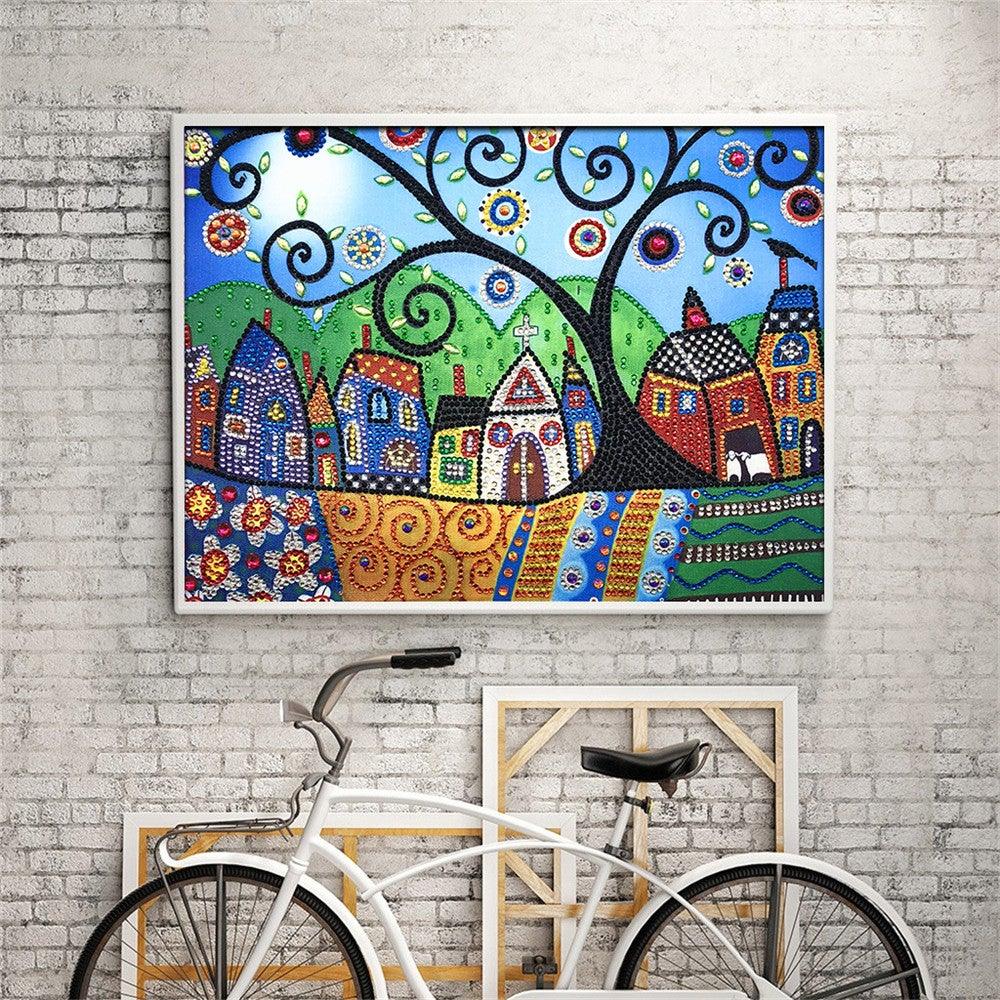 Crystal Rhinestone Diamond Painting Kit - Little houses under the big tree - Hibah-Diamond painting art studio
