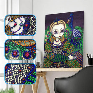 Crystal Rhinestone Diamond Painting Kit - Peacock and Girl - Hibah-Diamond painting art studio