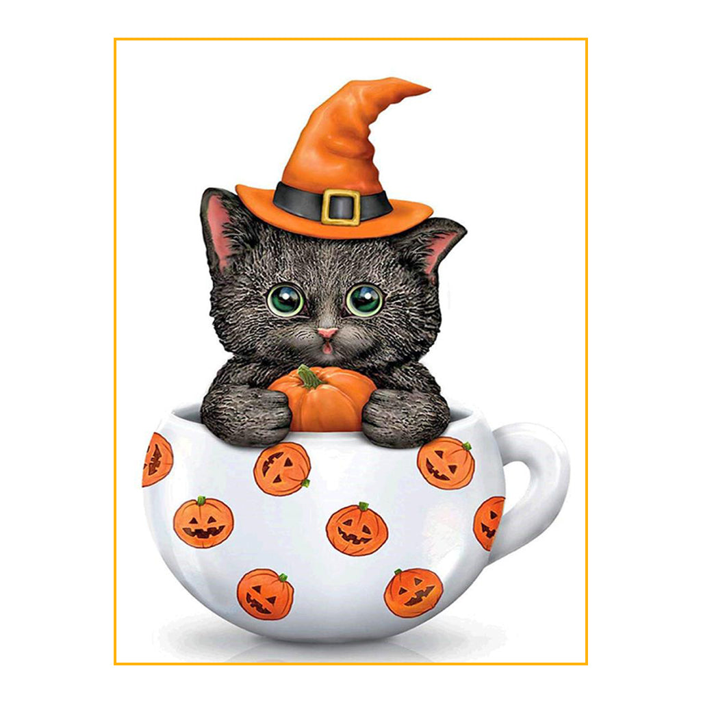 Full Diamond Painting kit - Halloween kitten on cup
