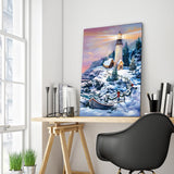 Full Diamond Painting kit - Lighthouse and house by the sea in winter