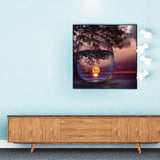 Full Diamond Painting kit - The reflection of leaves and sunset in glass