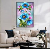 Full Diamond Painting kit - Blue flowers and green leaves