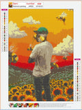 Full Diamond Painting kit - A man looking at bees and sunflowers