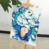 DIY Painting by number kit | Owl on the head of a blue-haired girl