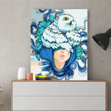 DIY Painting by number kit | Owl on the head of a blue-haired girl