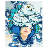 DIY Painting by number kit | Owl on the head of a blue-haired girl